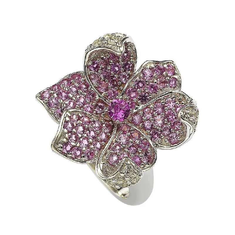 Rotating gem ring-Suzy Levian Pink Sapphire and Diamond Accent in Sterling Silver Flower Petal Ring