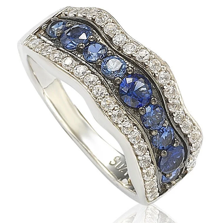 Glow druzy ring-Suzy Levian Sapphire and Diamond Accent in Sterling Silver Wavy Ring