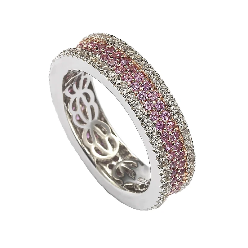 Pleated band ring-Suzy Levian Sterling Silver Pink Sapphire and Diamond Accent Pave Eternity Band