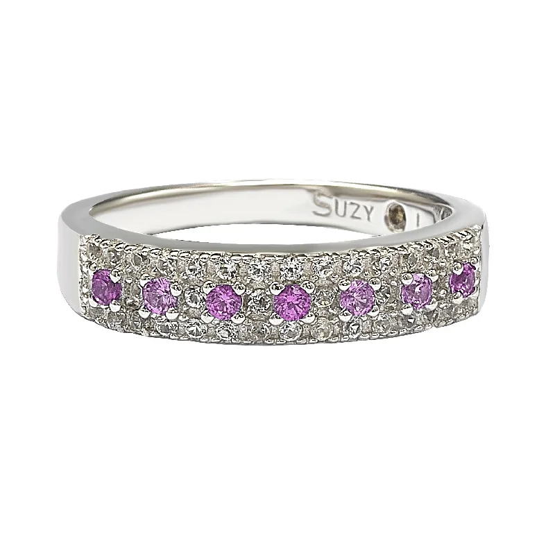 Folk craft ring-Suzy Levian Sterling Silver Pink Sapphire & Diamond Accent Pave Band Ring