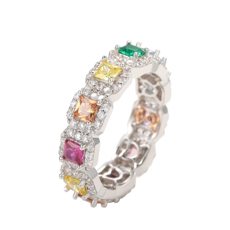 Pine bark ring-Suzy Levian Sterling Silver Rainbow Cubic Zirconia Princess Cut Eternity Band