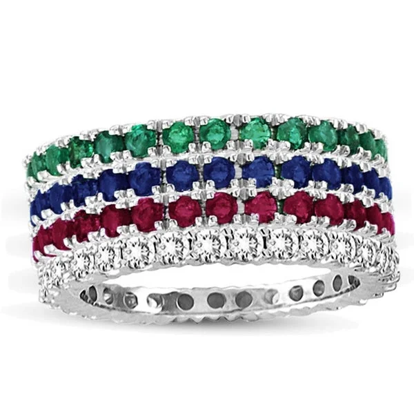 Copper relic ring-Suzy Levian White Gold Ruby Emerald Diamond Sapphire 4-Piece Eternity Band Ring Set