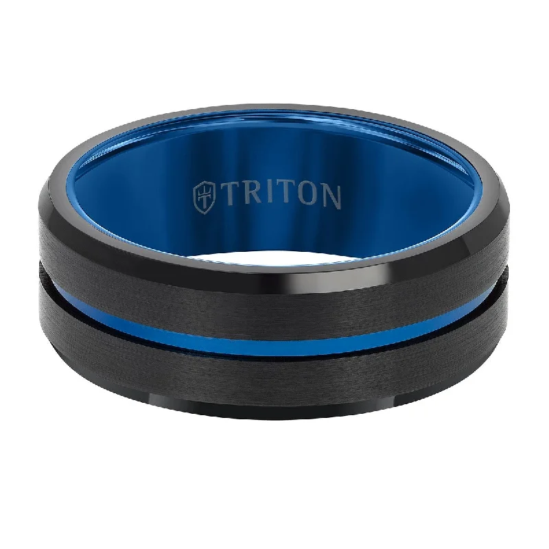 Gritty finish ring-Triton 8MM Black and Blue Tungsten Wedding Band