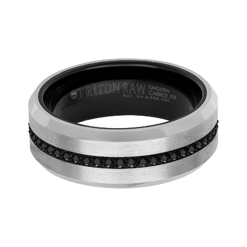 Lunar design ring-Triton 8MM Tungsten Wedding Band with Black Sapphires