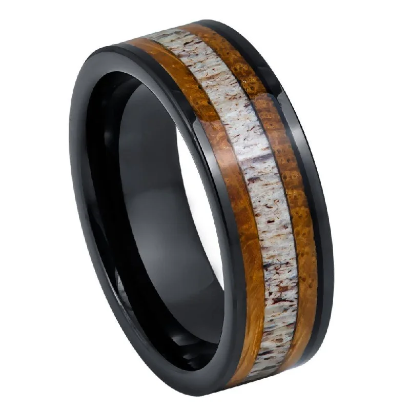 Layered scale ring-Tungsten Black IP Ring with Whiskey Barrel and Deer Antler Inlay- 8mm