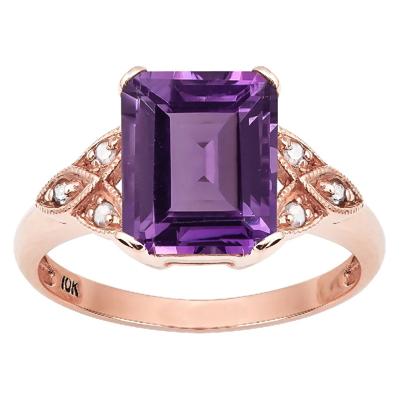 Frilled rim ring-Viducci 10k Rose Gold Vintage Style Genuine Amethyst and Diamond Ring