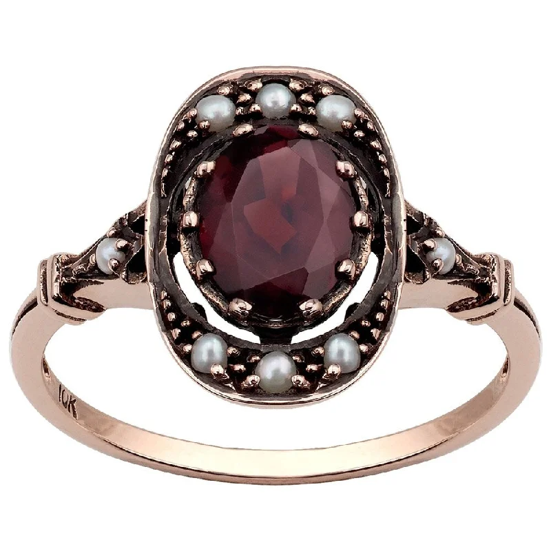 Gill ridge ring-Viducci 10k Rose Gold Vintage Style Genuine Garnet and Pearl Ring - Brown