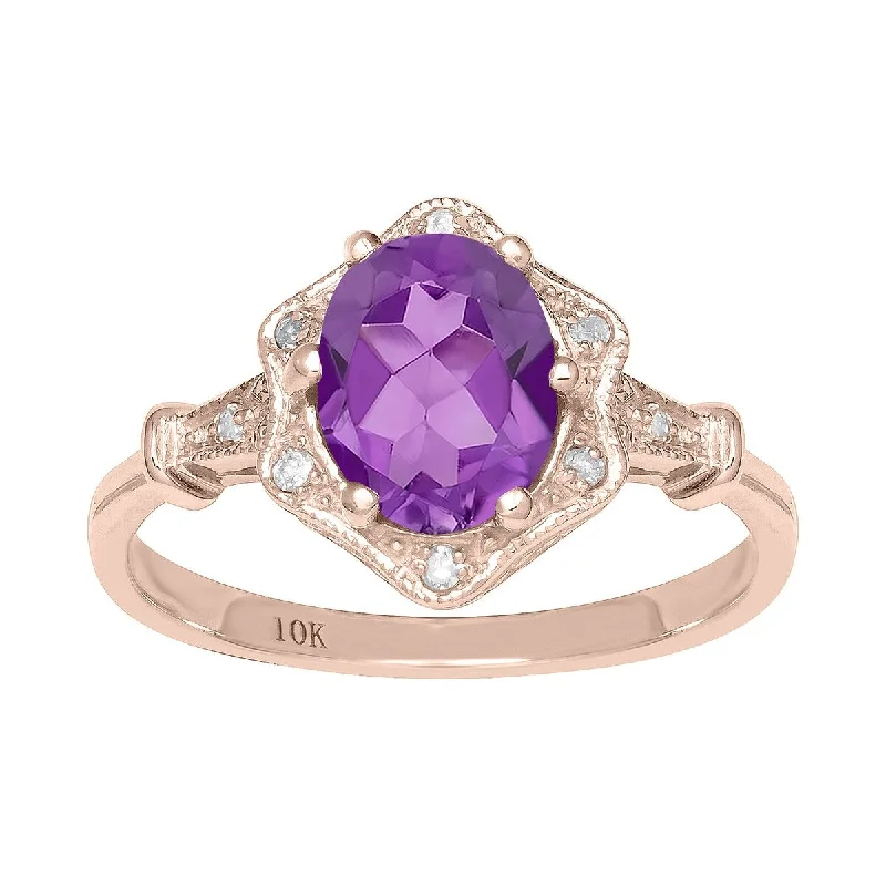 Shining spark ring-Viducci 10k Rose Gold Vintage Style Genuine Oval Amethyst and Diamond Halo Ring