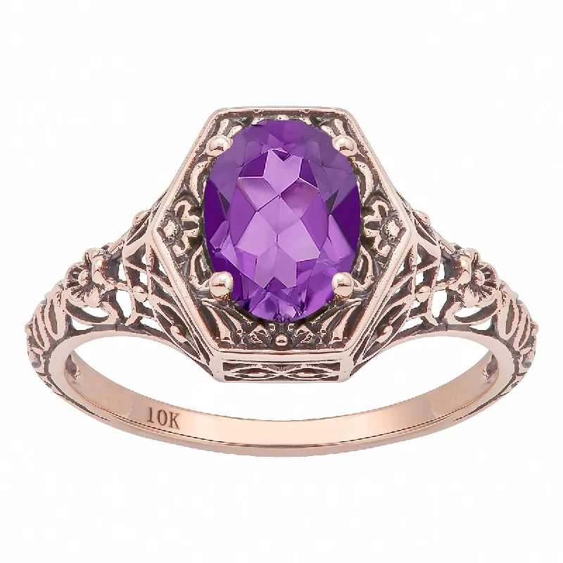 Polished gem ring-Viducci 10k Rose Gold Vintage Style Genuine Oval Amethyst Ring