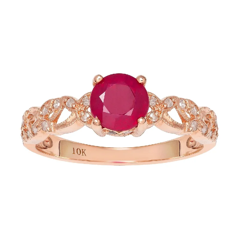 Hazy dawn ring-Viducci 10k Rose Gold Vintage Style Genuine Round Ruby and Diamond Filigree Ring