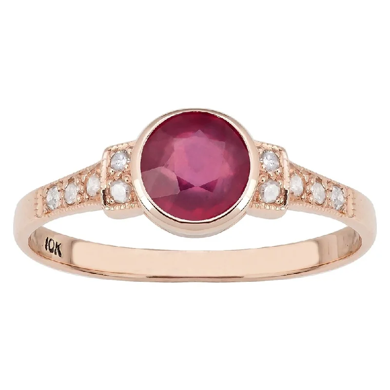 Polished gem ring-Viducci 10k Rose Gold Vintage Style Genuine Ruby and Diamond Ring