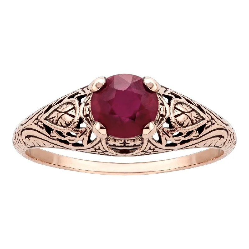 Embossed design ring-Viducci 10k Rose Gold Vintage Style Genuine Ruby Scroll Ring