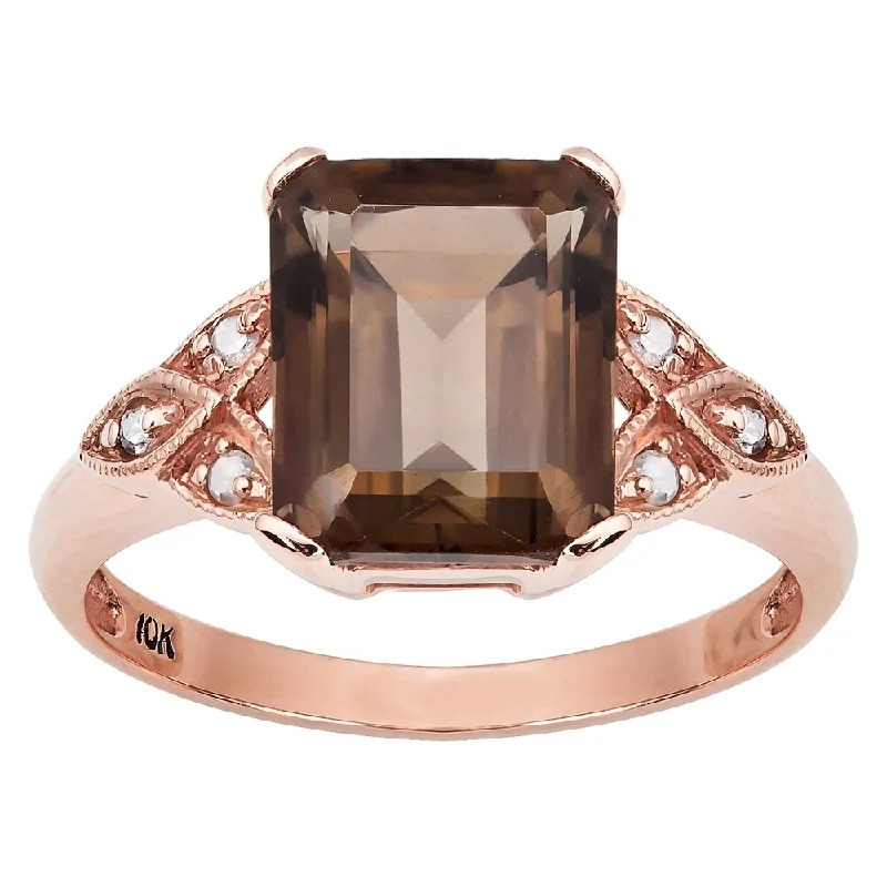 Vintage flair ring-Viducci 10k Rose Gold Vintage Style Smoky Quartz and Diamond Ring