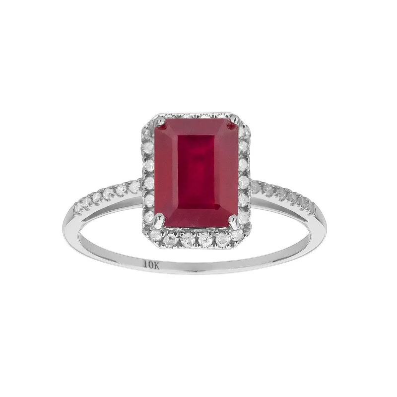 Fourteen-stone ring-Viducci 10k White Gold Genuine Emerald-cut Ruby and Diamond Halo Ring