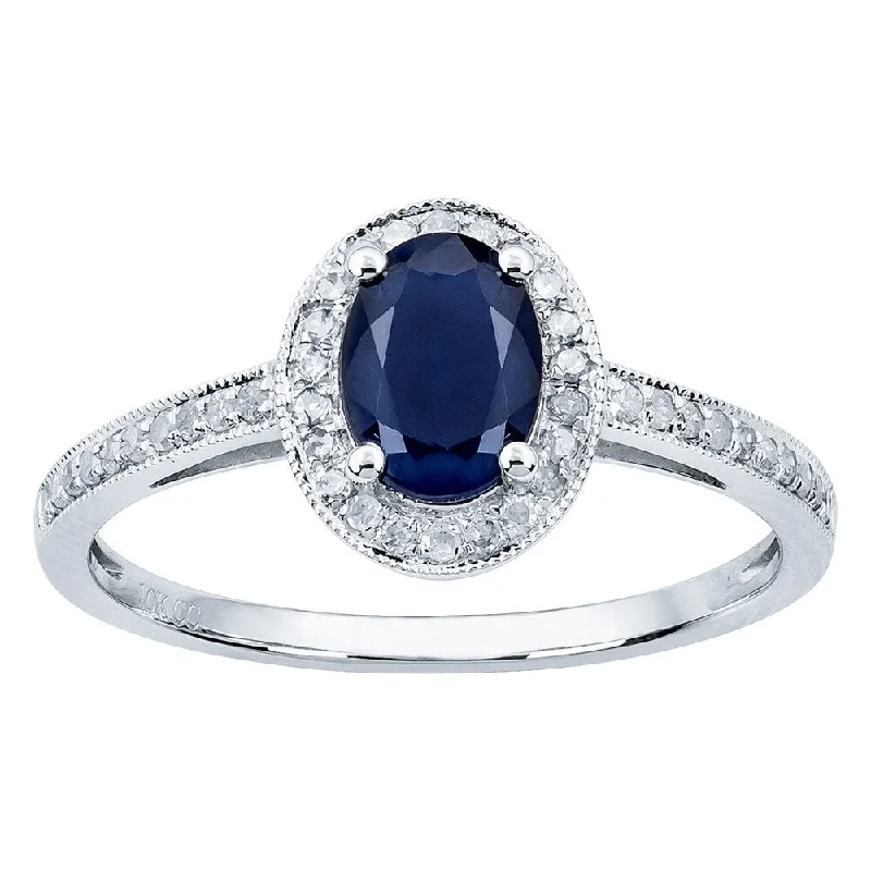 Fine swirl ring-Viducci 10k White Gold Genuine Oval Sapphire and Diamond Halo Ring