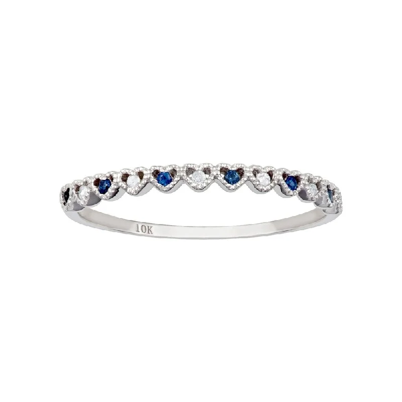 Vintage flair ring-Viducci 10k White Gold Genuine Sapphire and Diamond Petite Heart Stackable Band