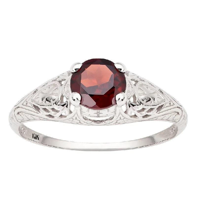 Pentagon gem ring-Viducci 10k White Gold Vintage Style Genuine Garnet Scroll Ring