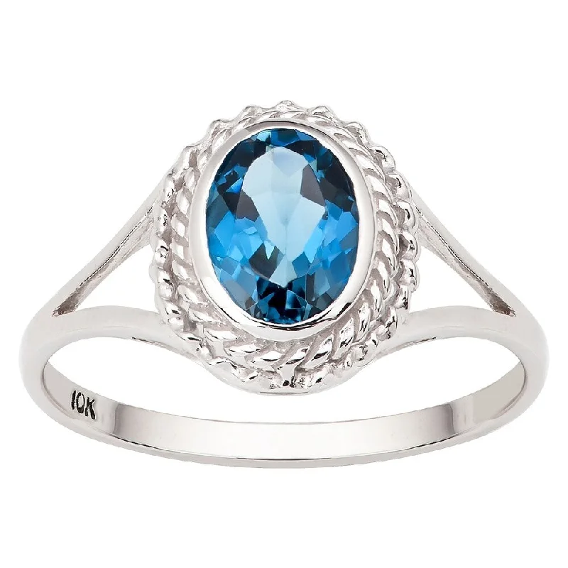 Leaf stem ring-Viducci 10k White Gold Vintage Style Genuine London Blue Topaz Ring