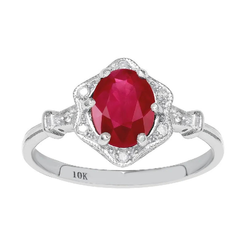 Steel forged ring-Viducci 10k White Gold Vintage Style Genuine Oval Ruby and Diamond Halo Ring