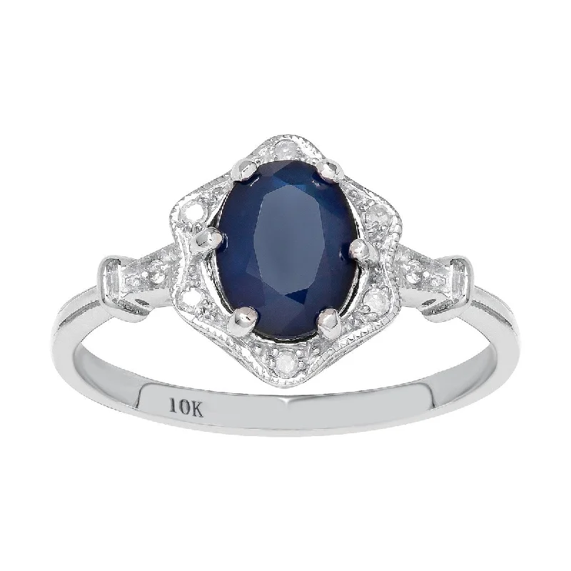 Stellar shine ring-Viducci 10k White Gold Vintage Style Genuine Oval Sapphire and Diamond Halo Ring