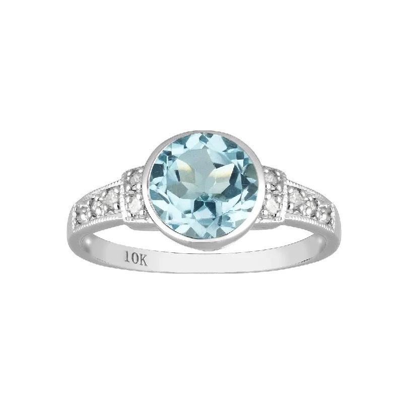 Stellar shine ring-Viducci 10k White Gold Vintage Style Genuine Round Blue Topaz and Diamond Ring