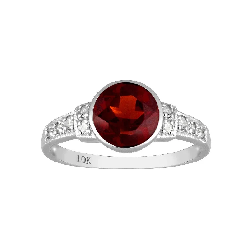 Slim bezel ring-Viducci 10k White Gold Vintage Style Genuine Round Garnet and Diamond Ring