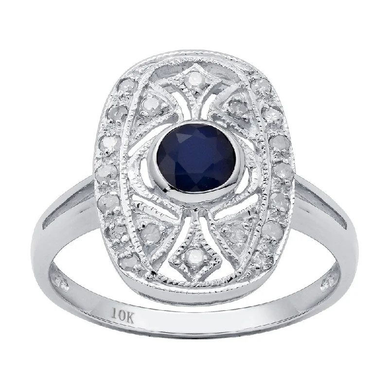 Cedar grain ring-Viducci 10k White Gold Vintage Style Genuine Round Sapphire and Diamond Ring