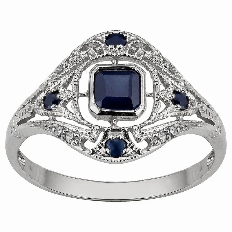 Clam pearl ring-Viducci 10k White Gold Vintage Style Genuine Sapphire and Diamond Ring - Blue