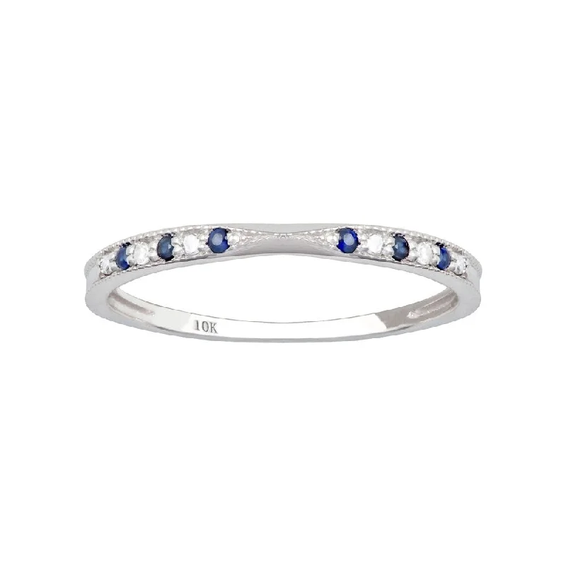 Chipped band ring-Viducci 10k White Gold Vintage Style Sapphire and Diamond Stackable Band