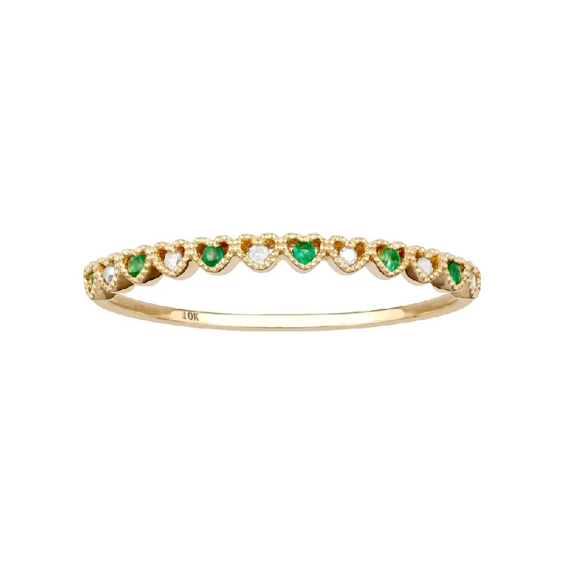 Etched groove ring-Viducci 10k Yellow Gold Genuine Emerald and Diamond Petite Heart Stackable Band