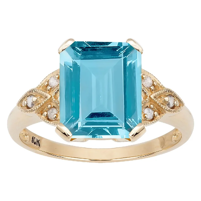 Wave-shaped opal ring-Viducci 10k Yellow Gold Vintage Style Genuine Blue Topaz and Diamond Ring