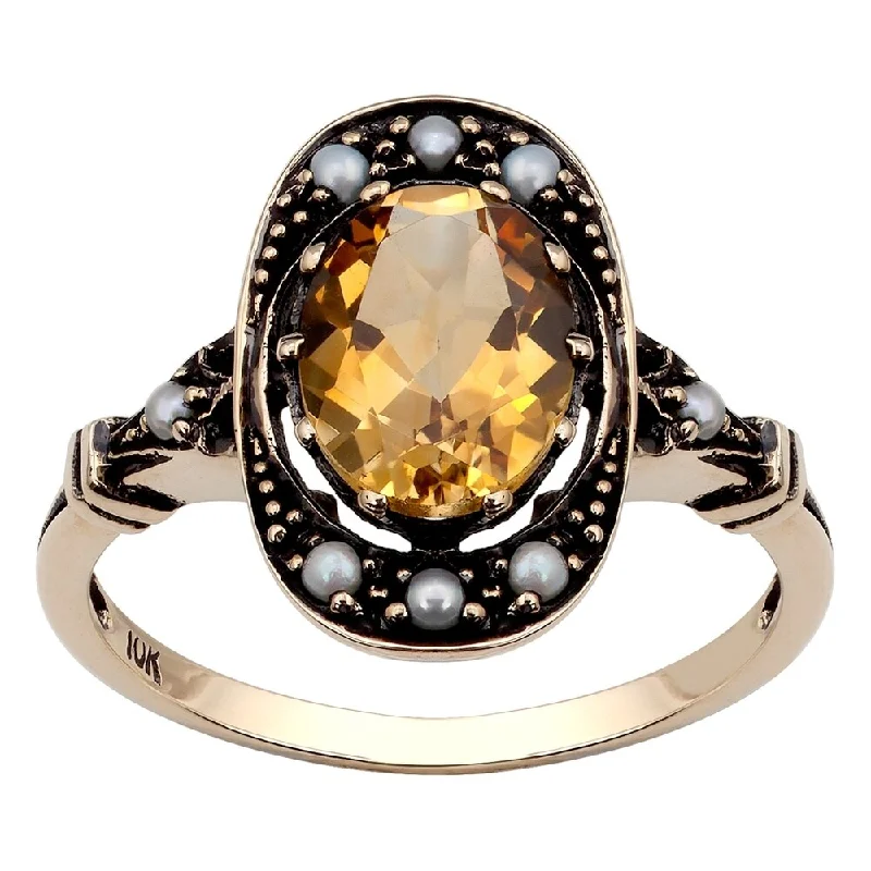 Opal glass ring-Viducci 10k Yellow Gold Vintage Style Genuine Citrine and Pearl Ring