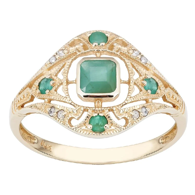 Plaid check ring-Viducci 10k Yellow Gold Vintage Style Genuine Emerald and Diamond Ring