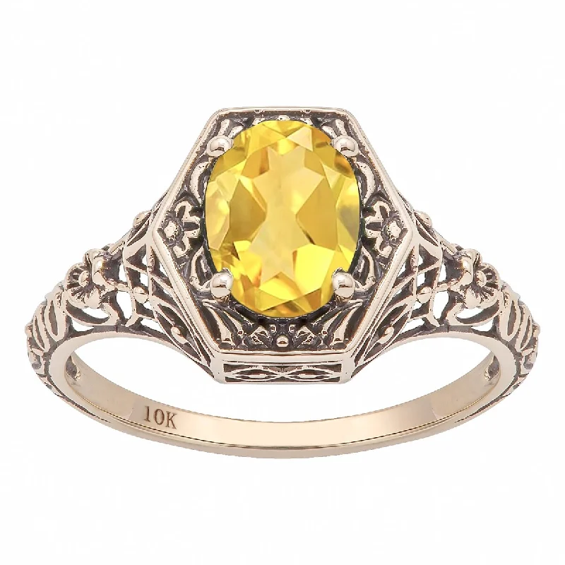 Spectral set ring-Viducci 10k Yellow Gold Vintage Style Genuine Oval Citrine Ring