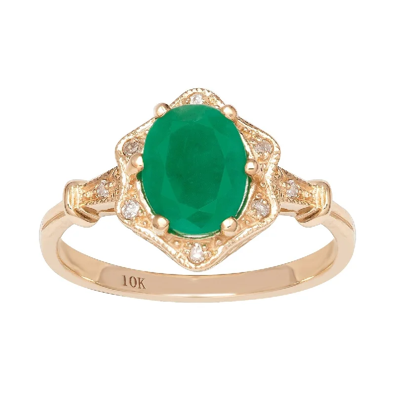 Brass forged ring-Viducci 10k Yellow Gold Vintage Style Genuine Oval Emerald and Diamond Halo Ring