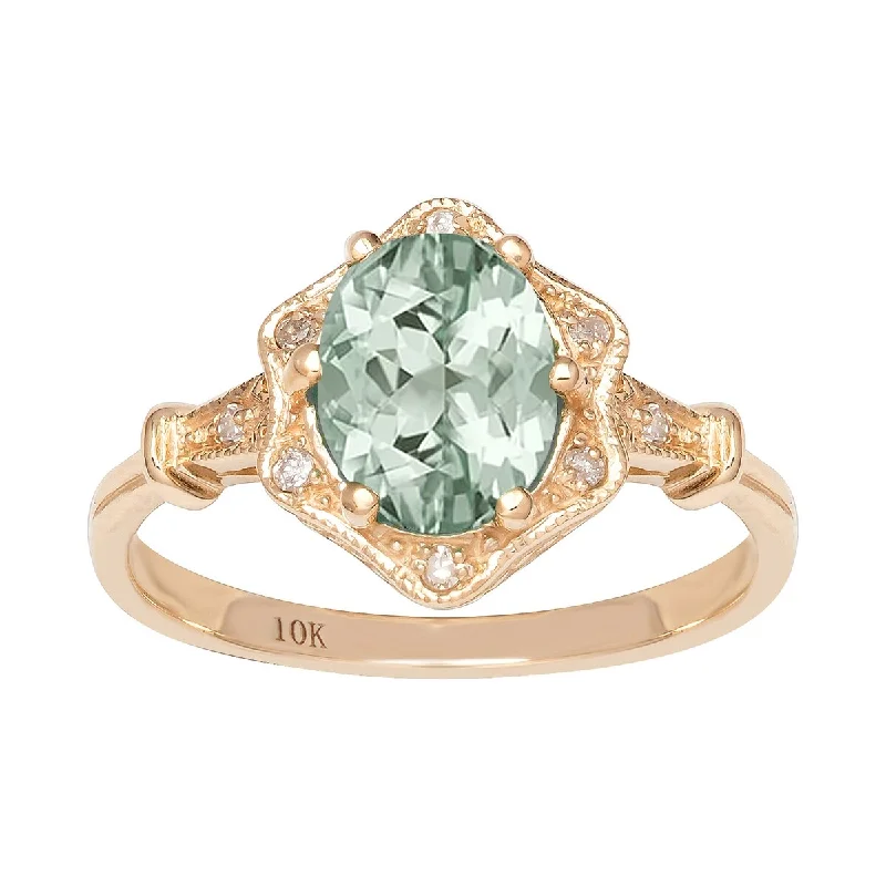 Aged patina ring-Viducci 10k Yellow Gold Vintage Style Genuine Oval Green Amethyst and Diamond Halo Ring