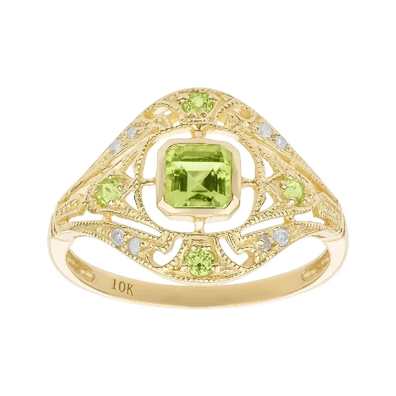 Mosaic stripe ring-Viducci 10k Yellow Gold Vintage Style Genuine Peridot and Diamond Ring