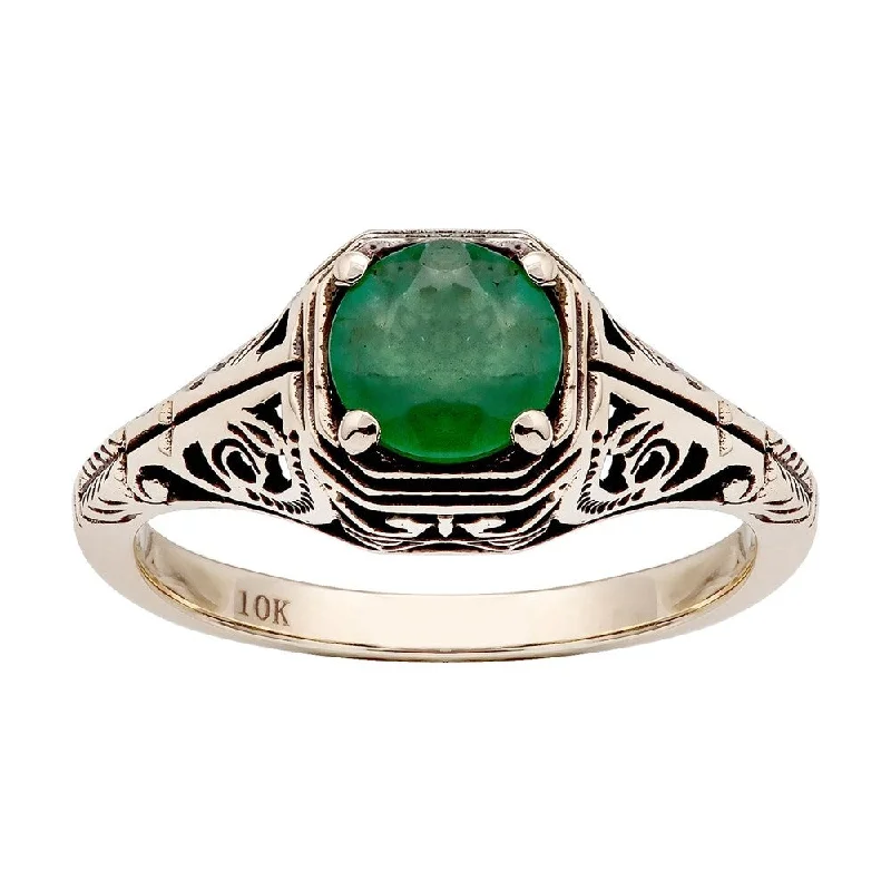 Grooved rim ring-Viducci 10k Yellow Gold Vintage Style Genuine Round Emerald Filigree Ring