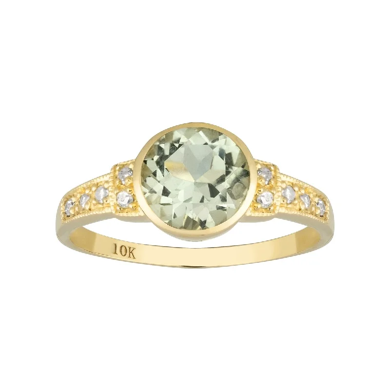 Savanna grass ring-Viducci 10k Yellow Gold Vintage Style Genuine Round Green Amethyst and Diamond Ring