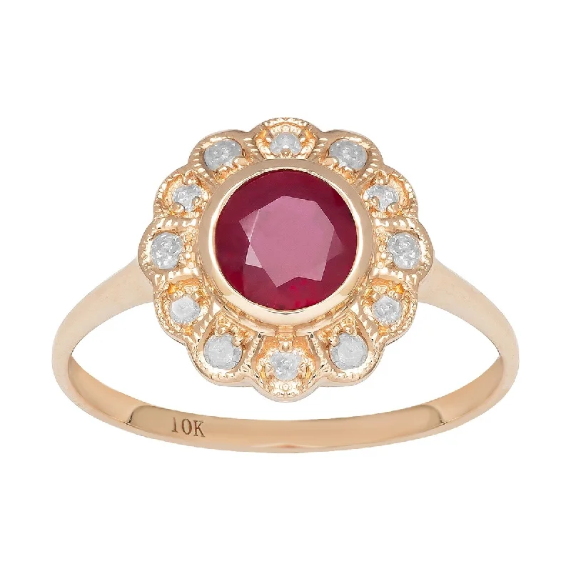 Carved groove ring-Viducci 10k Yellow Gold Vintage Style Genuine Round Ruby and Diamond Halo Ring