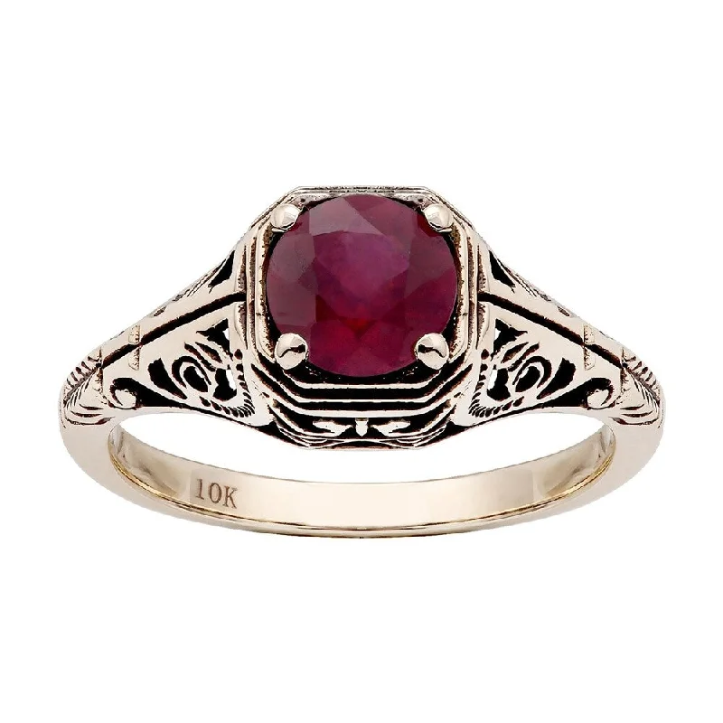 Arced rim ring-Viducci 10k Yellow Gold Vintage Style Genuine Round Ruby Filigree Ring