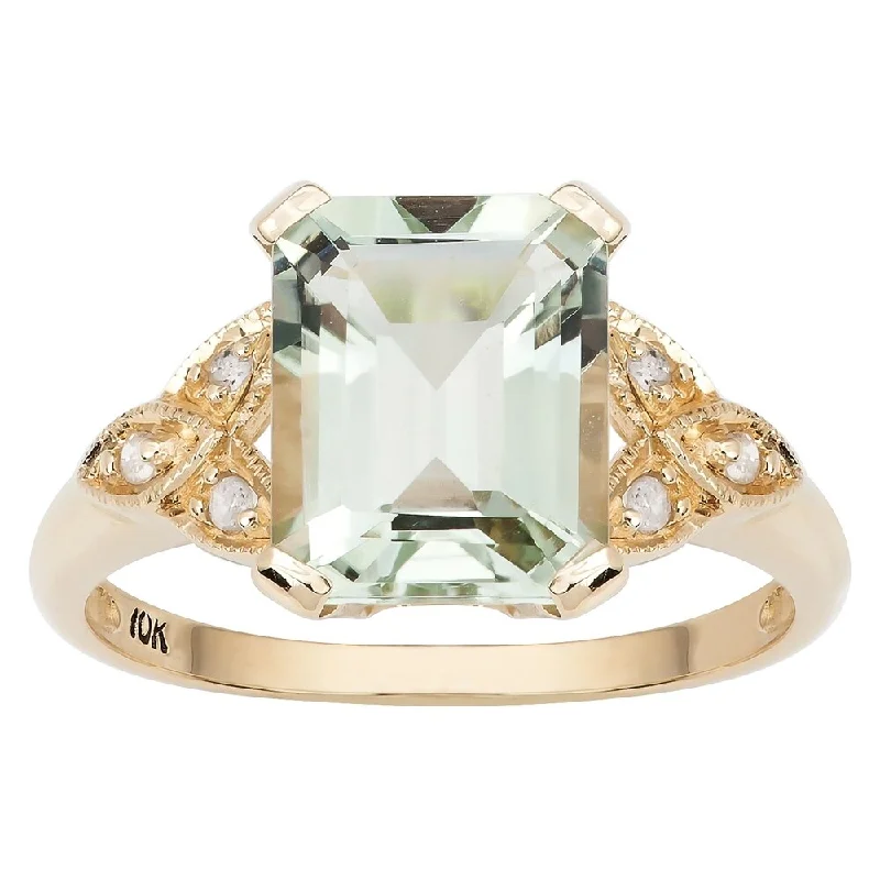 Arced rim ring-Viducci 10k Yellow Gold Vintage Style Green Amethyst and Diamond Ring