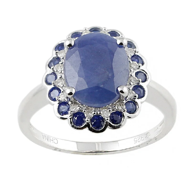 Regency curve ring-White Sterling Silver Natural Indian Blue Sapphire and Diamond Classic Ring