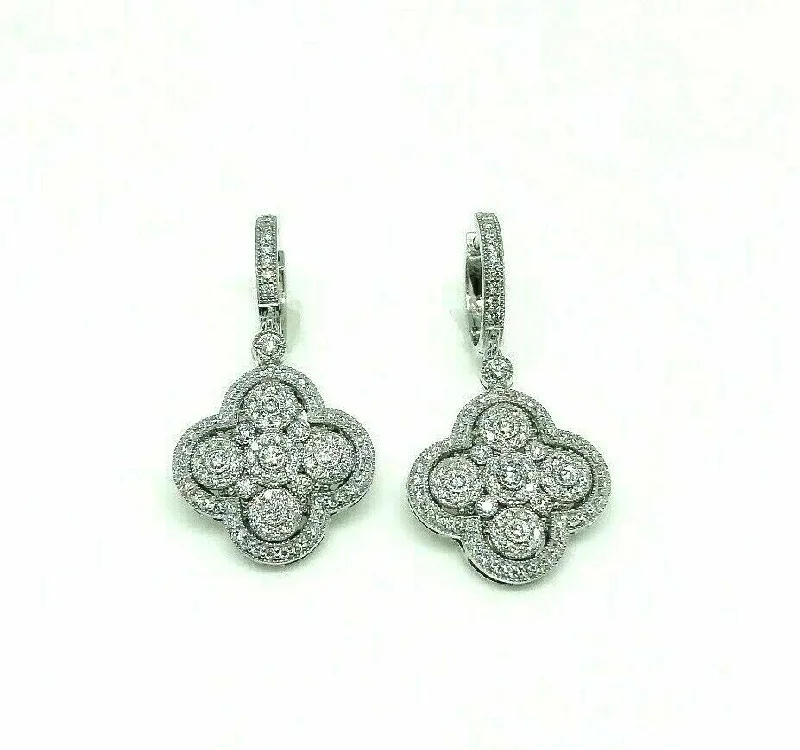 Arced rim earrings-1.79 Carats t.w. Diamond Clover Dangle Earrings 14K White Gold 1.50 Inch Drop