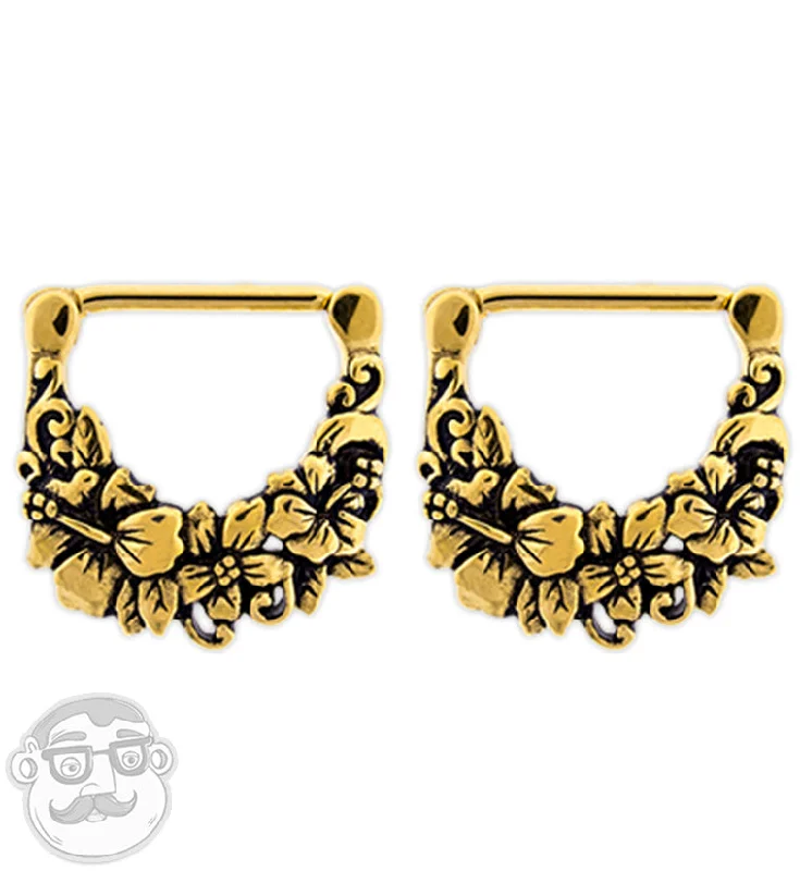 Shattered gem earrings-14G Gold PVD Hibiscus Nipple Clicker