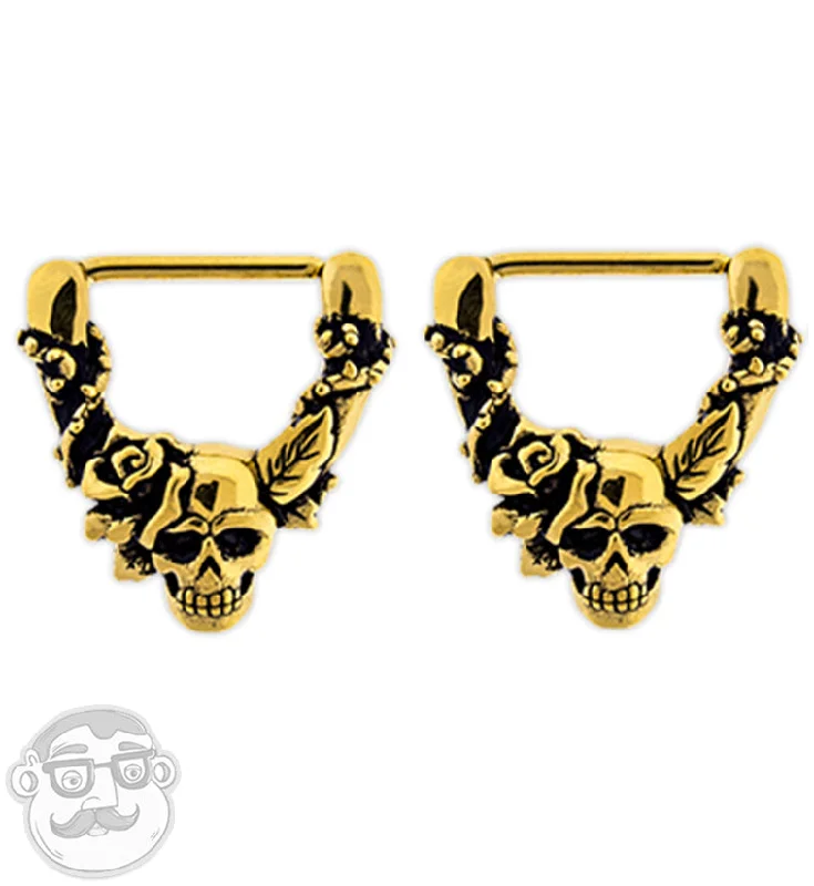 Aged patina earrings-14G Gold PVD Skull & Roses Nipple Clicker