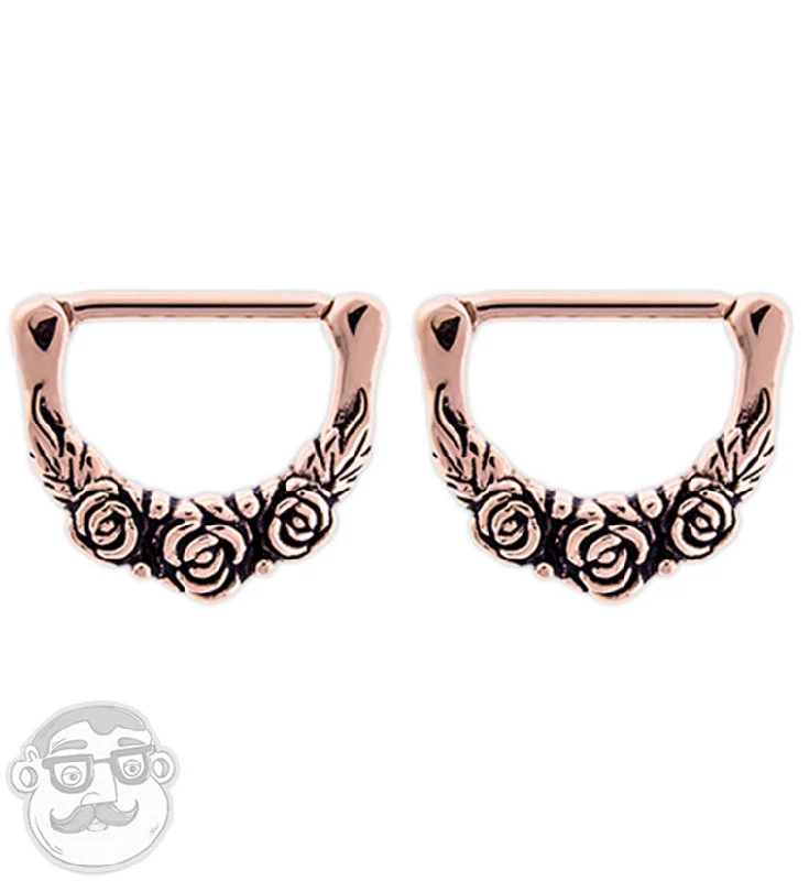 Brass forged earrings-14G Rose Gold PVD Triple Rosebud Nipple Clicker