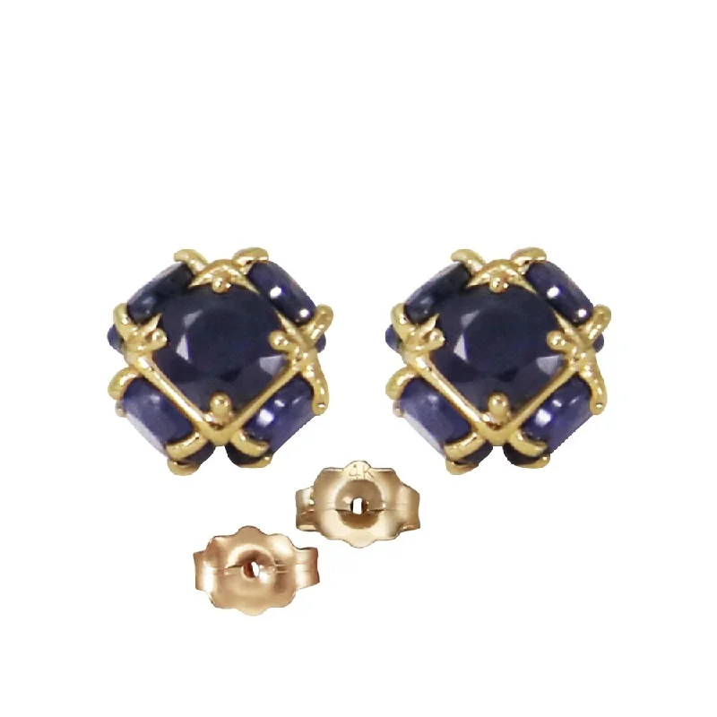 Brass forged earrings-14K Solid Gold Stud Earrings with Natural Sapphires