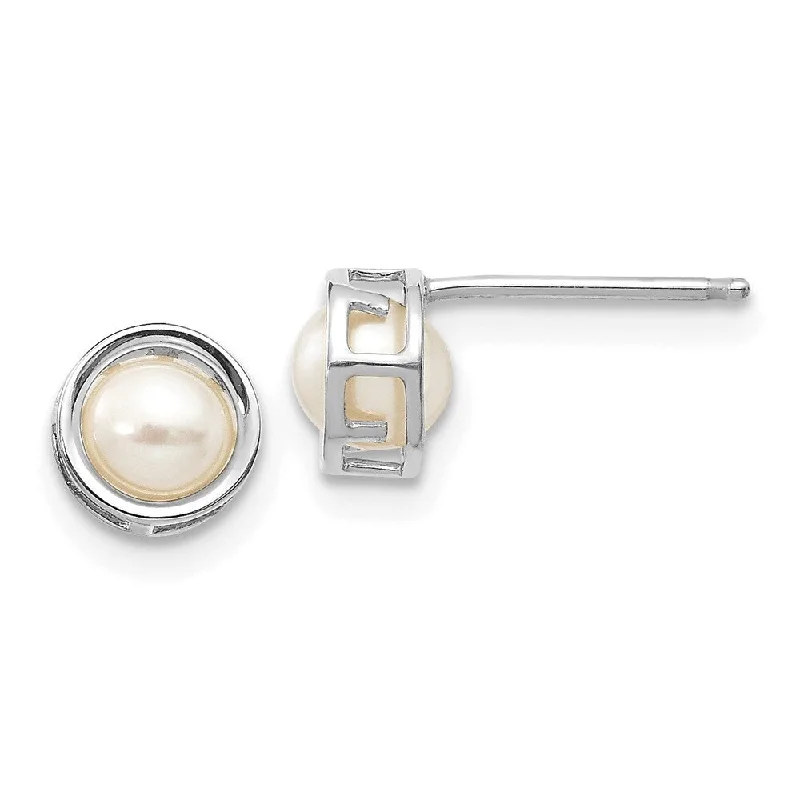 Blend metal earrings-14k White Gold Bezel Cultured Pearl Stud Earrings (L-5 mm, W-5 mm)