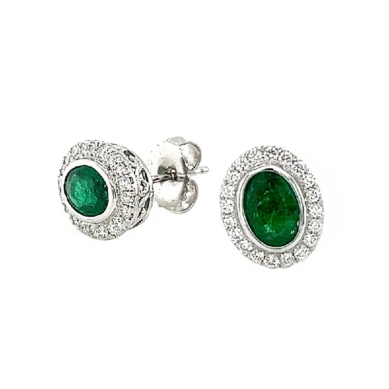 Rough-hewn earrings-Oval Emerald and Diamond Halo Earrings